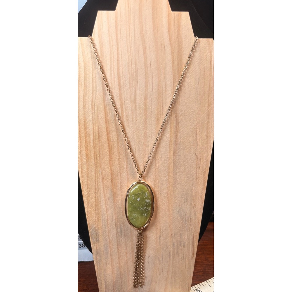 Green Pendant Necklace Women's Gold Tone Tassel Boho Long Earthy Layering Chic